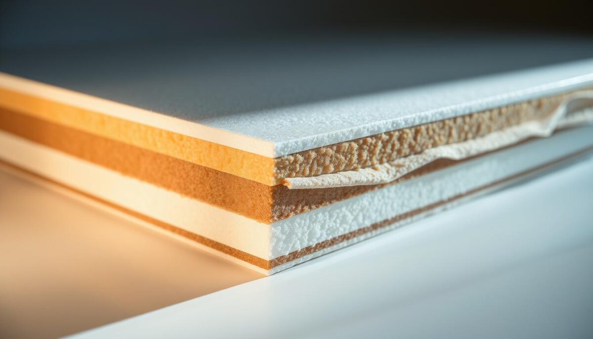 An expertly crafted walk-in cooler insulation panel, showcased in a well-lit, close-up studio shot. The panel's layered construction is evident, with a glossy outer shell, thick insulating foam, and a smooth internal liner. The lighting casts dramatic shadows, highlighting the textures and edges of the materials. The image conveys a sense of quality, durability, and thermal efficiency - key factors to consider when choosing a walk-in cooler system.