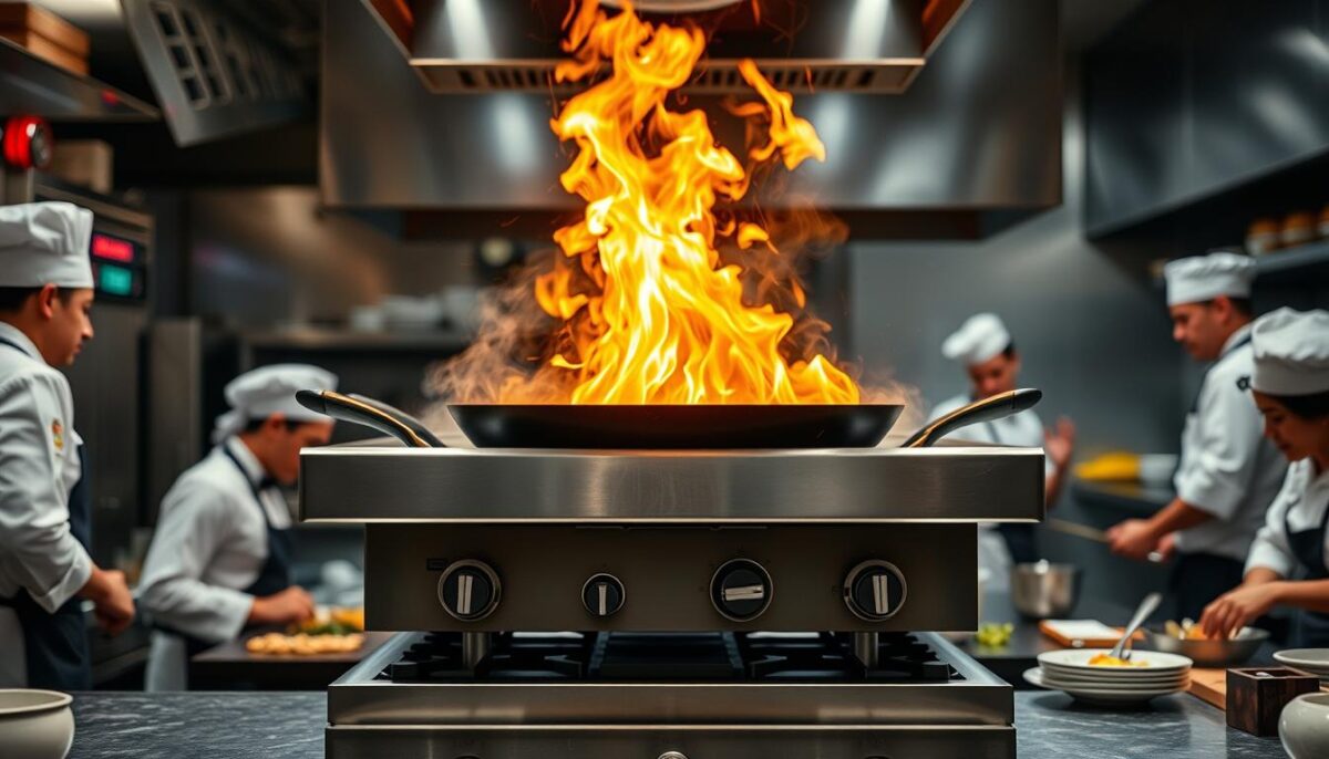 An image of a specialty range, like a wok range, in a commercial kitchen setting
