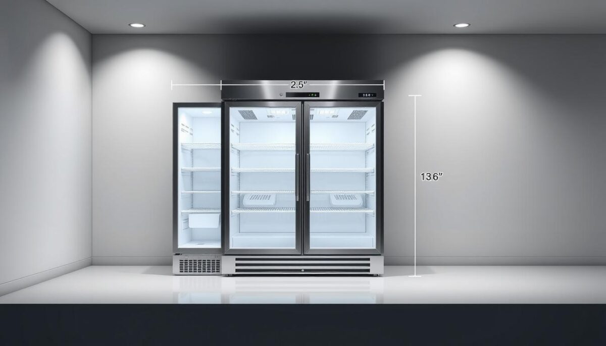 Detailed commercial refrigerator dimensions, showcased in a sleek, minimalist setting. Stainless steel appliance with clean lines and precise measurements, set against a neutral backdrop with soft, even lighting from above. Emphasize the scale and proportions, capturing the fridge's overall size and depth, as well as the spacing required for installation. Render the image from a slight birds-eye view, allowing the viewer to fully grasp the spatial requirements. Convey a sense of functionality and precision, highlighting the fridge's practical dimensions for commercial kitchen applications.