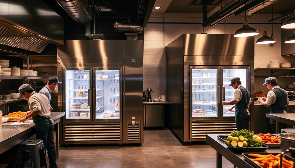 Generate an image of Kolpak and Norlake walk-in coolers side by side in a commercial kitchen.