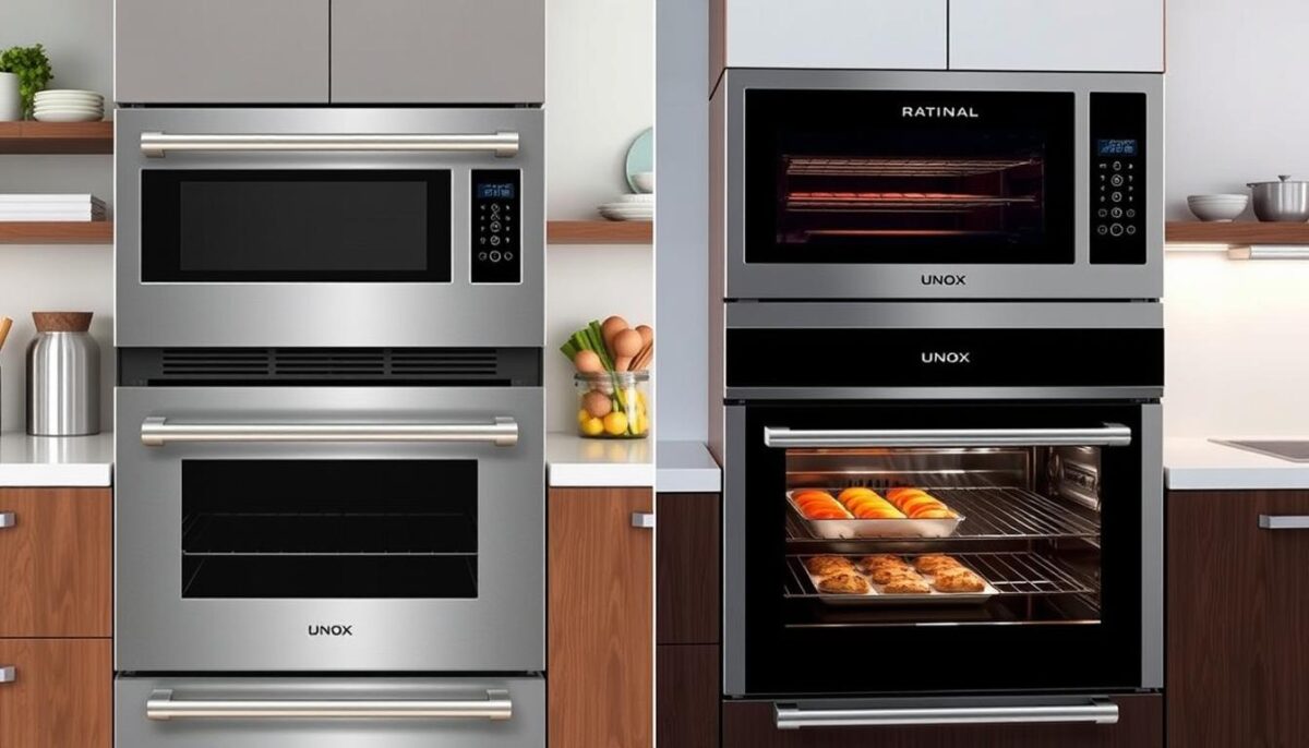 Generate an image of Rational and UNOX combi ovens side by side, highlighting their design differences.