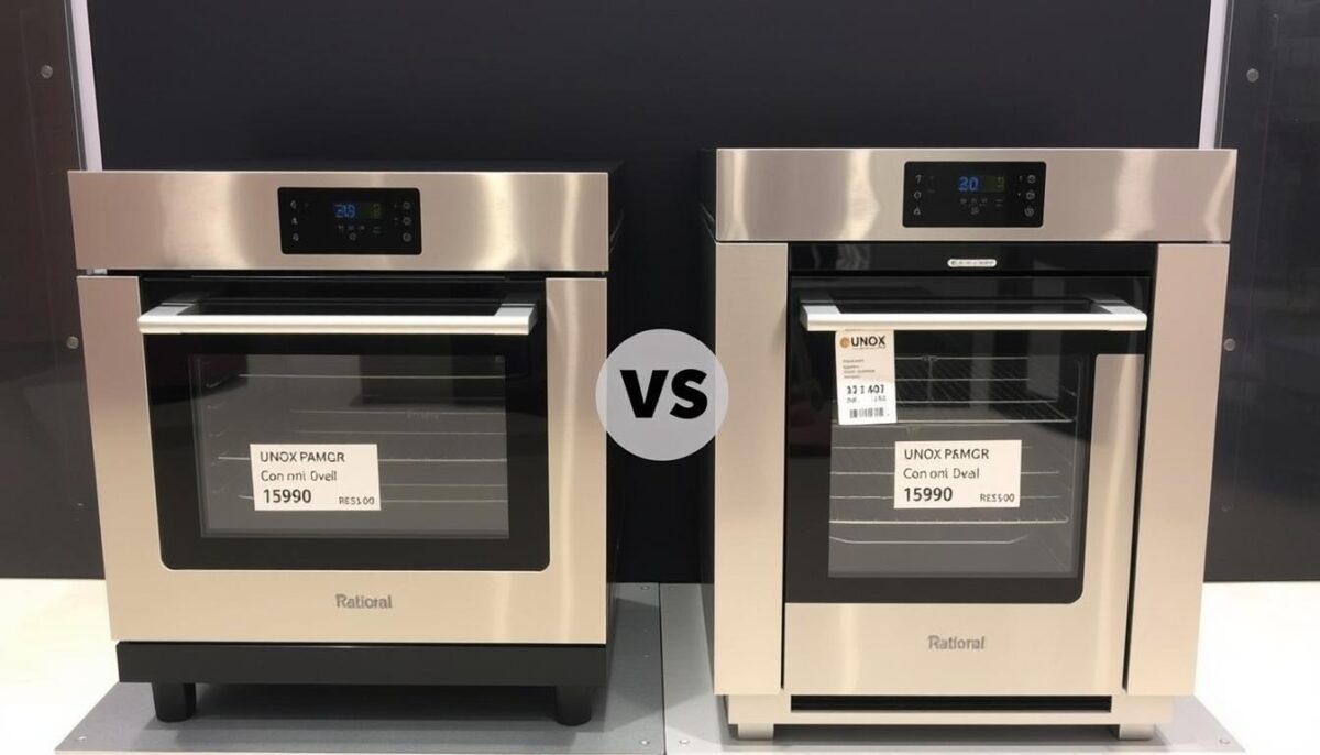 Generate an image of Rational and UNOX combi ovens side by side with price tags