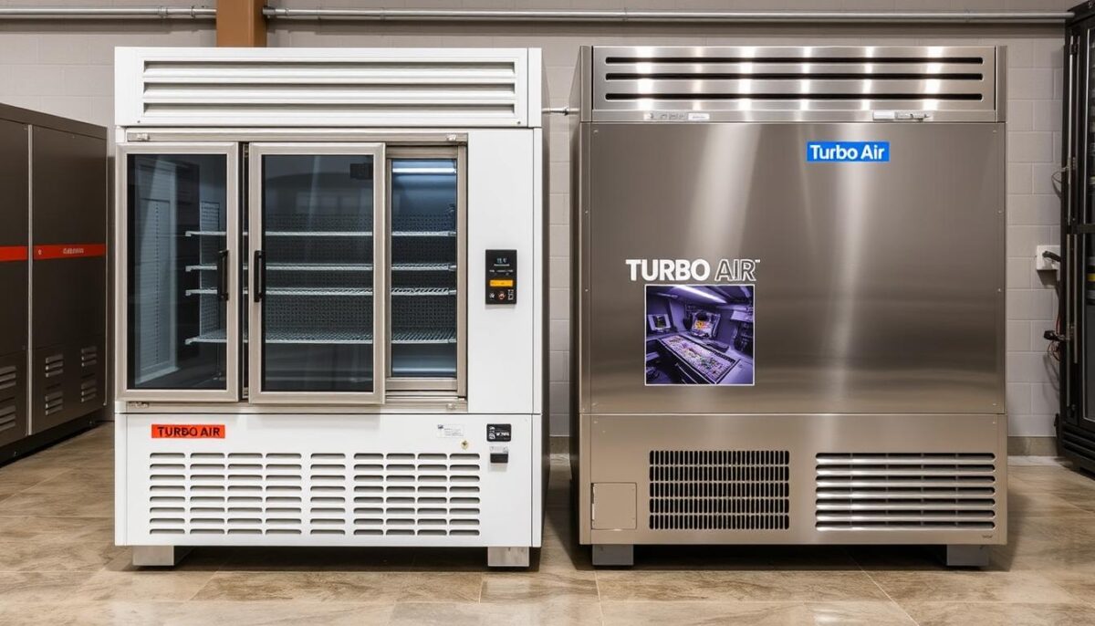 Generate an image of True and Turbo Air commercial refrigeration units side by side.
