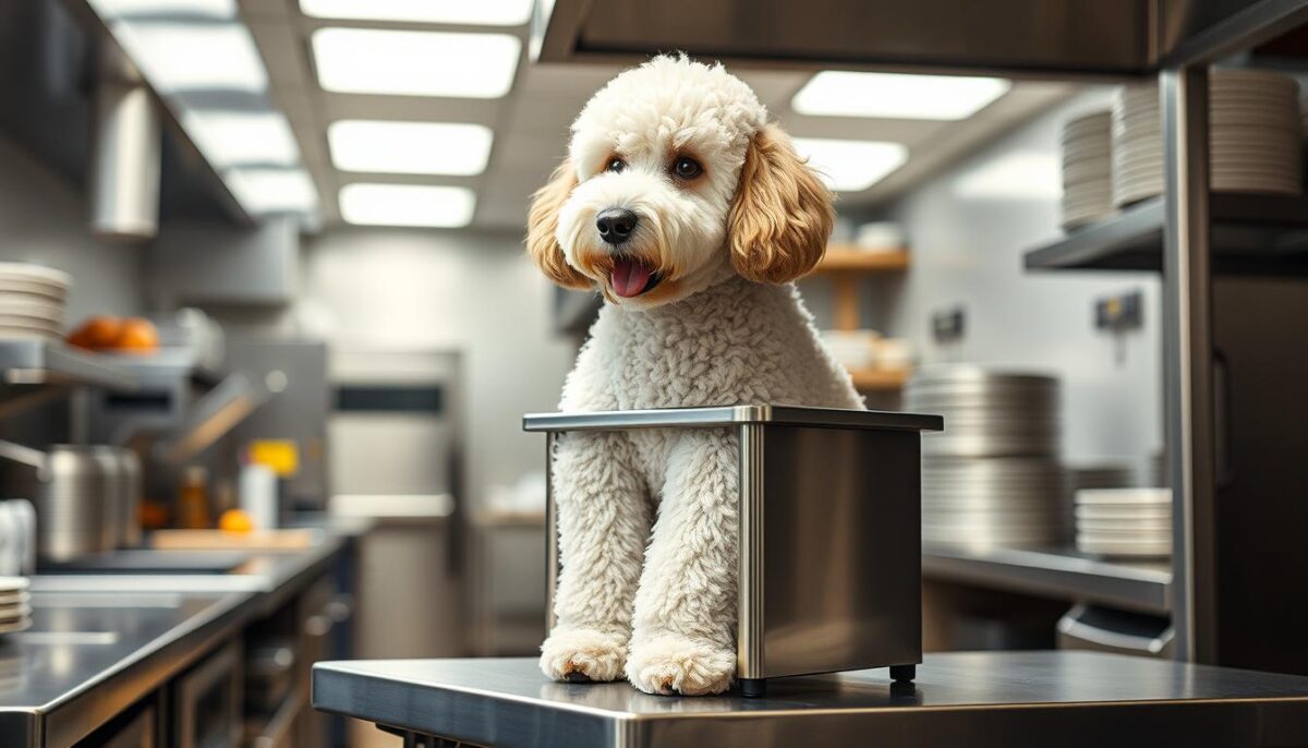 Generate an image of Vollrath stainless steel Spoodle in a commercial kitchen setting.