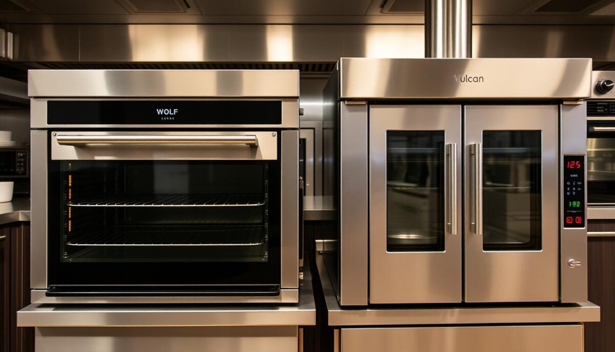 Generate an image of Wolf and Vulcan convection ovens side by side in a commercial kitchen.