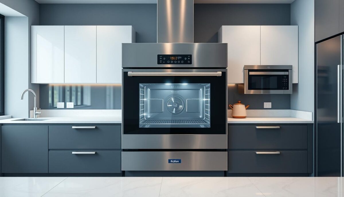 Generate an image of a commercial combi oven in a modern kitchen.