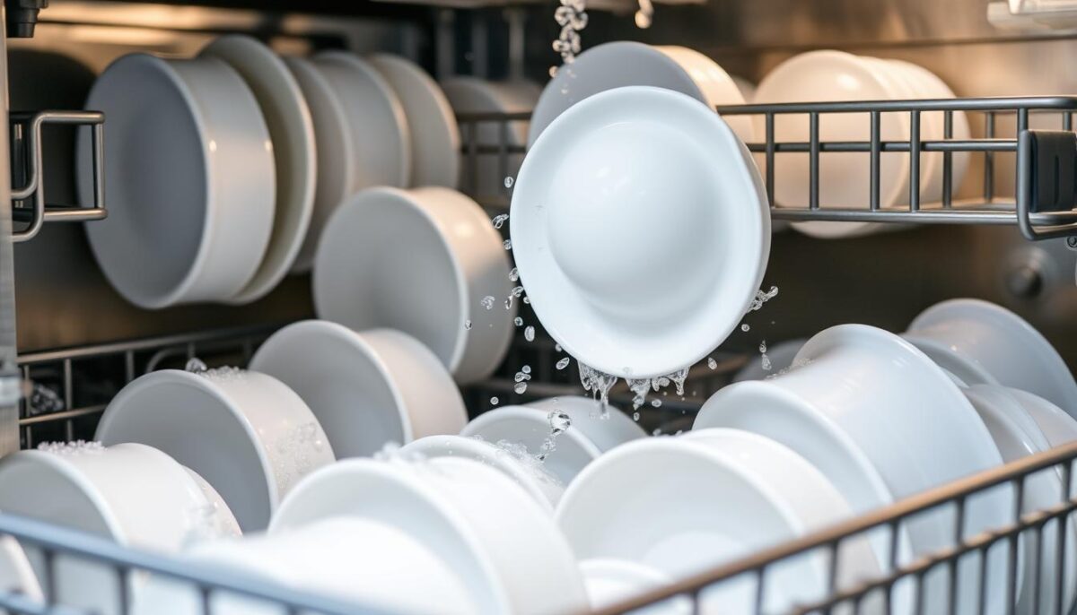 Generate an image of a commercial dishwasher in action, with dishes being washed and sanitized.