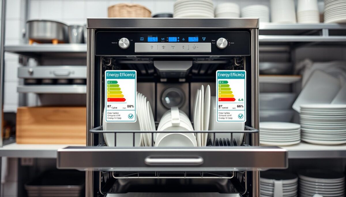Generate an image of a commercial dishwasher with energy efficiency labels.
