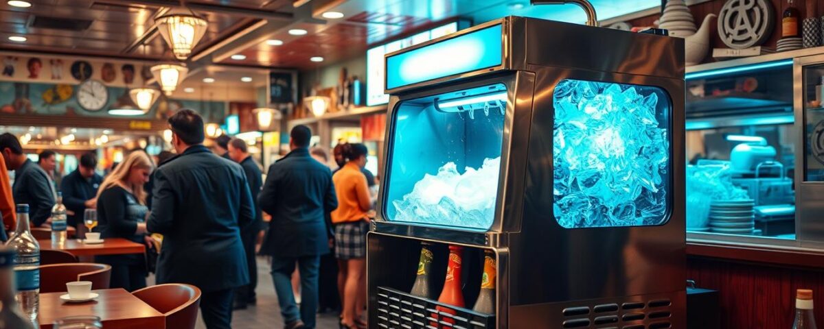 Generate an image of a commercial ice maker in a busy restaurant setting.