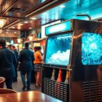 Generate an image of a commercial ice maker in a busy restaurant setting.