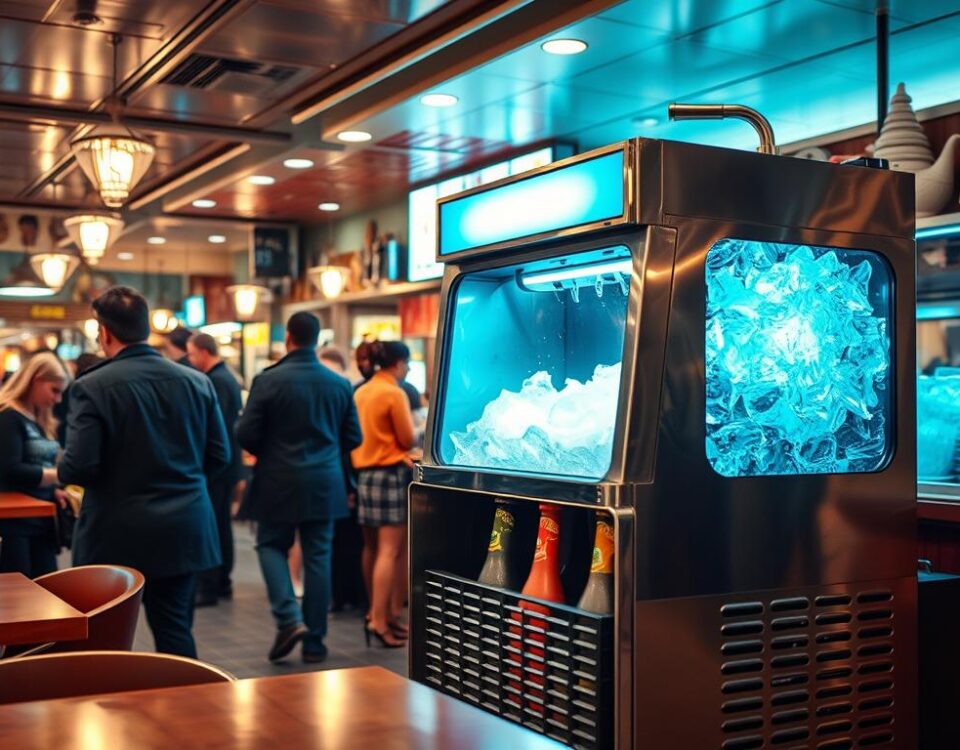Generate an image of a commercial ice maker in a busy restaurant setting.