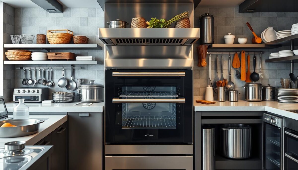 Generate an image of a commercial kitchen featuring a high-end gas combi oven.