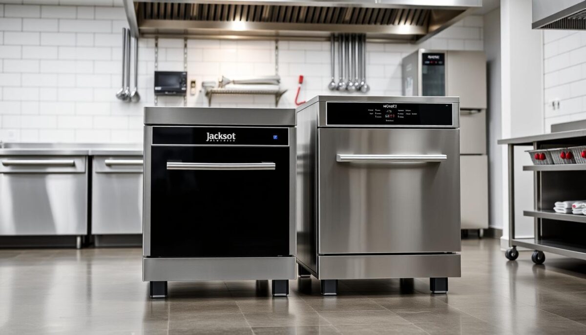 Generate an image of a commercial kitchen with Jackson and Hobart dishwashers side by side.