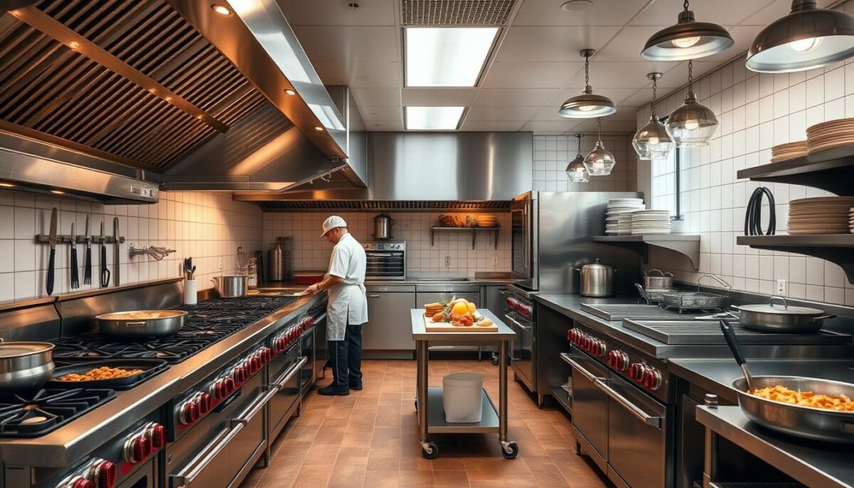 Generate an image of a commercial kitchen with Southbend and Vulcan ranges