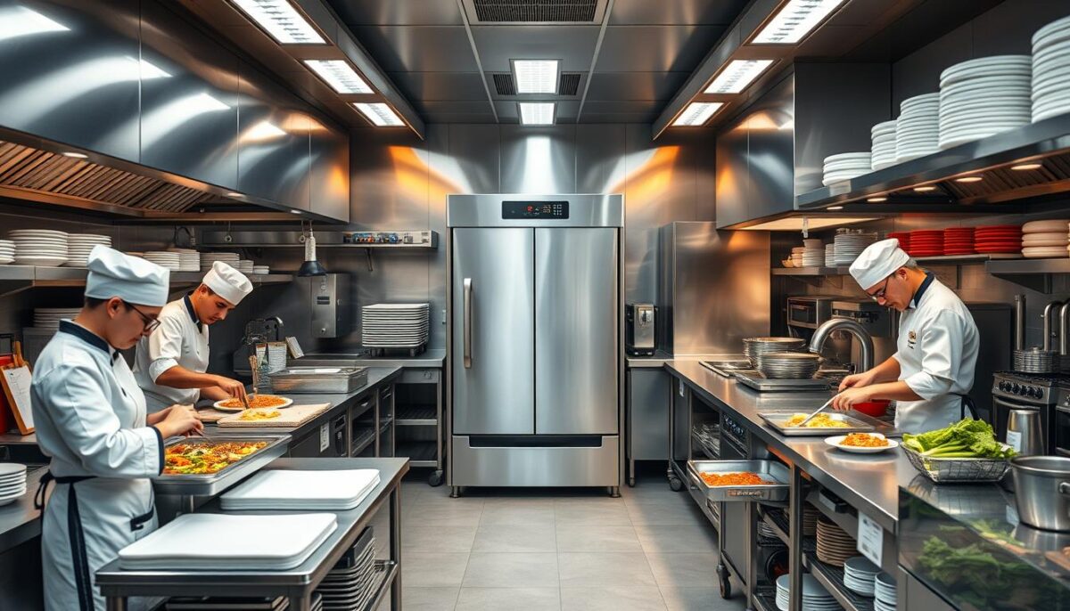Generate an image of a commercial kitchen with a door-type dishwasher