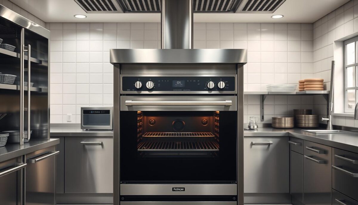 Generate an image of a commercial kitchen with a gas combi oven