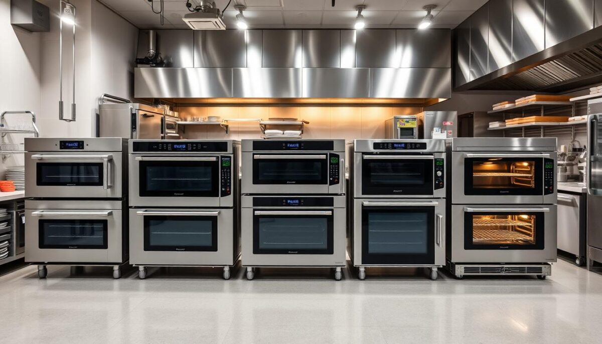 Generate an image of a commercial kitchen with various combi oven models