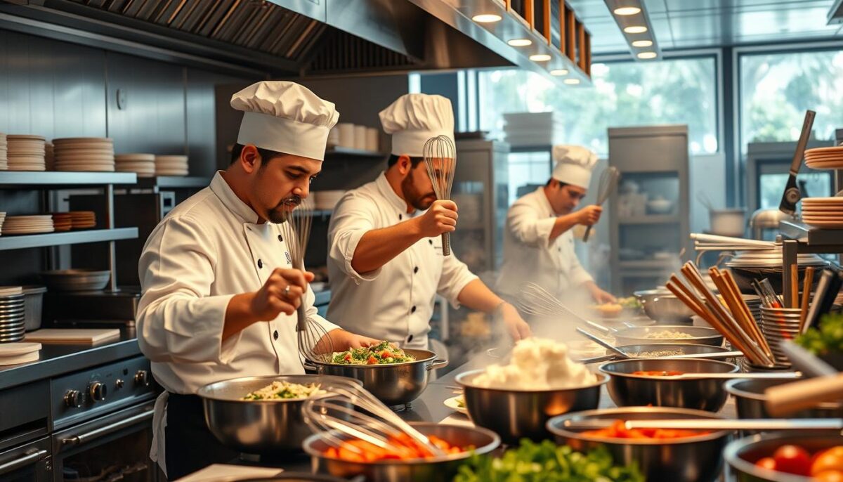 Generate an image of a commercial kitchen with various whisks and whips in use.
