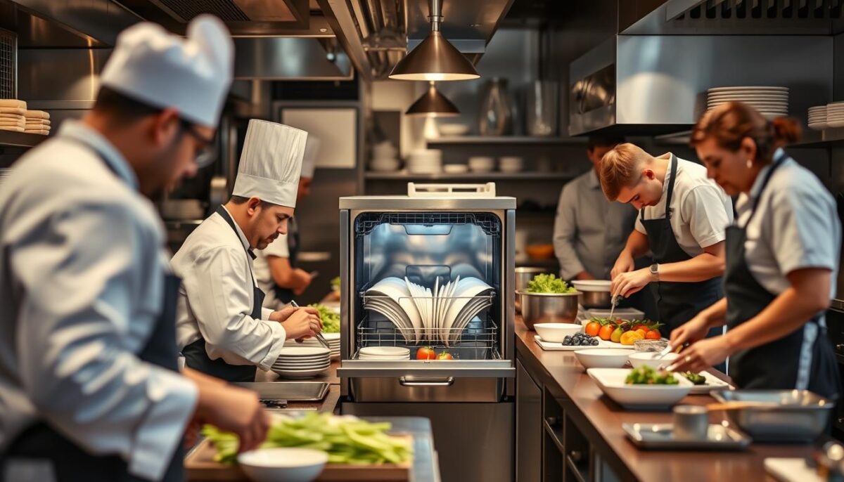 Generate an image of a compact undercounter commercial dishwasher in a busy kitchen setting.