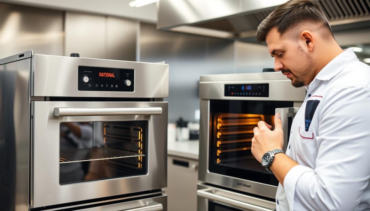 Generate an image of a kitchen manager comparing Rational and Alto-Shaam combi ovens