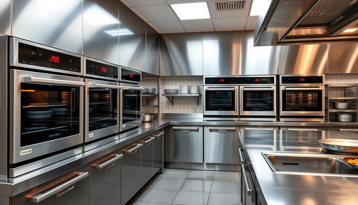 Generate an image of a modern commercial kitchen with various electric combi ovens.