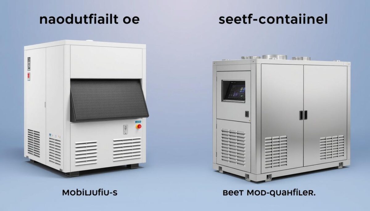 Generate an image of a modular ice machine and a self-contained ice machine side by side to compare their designs.