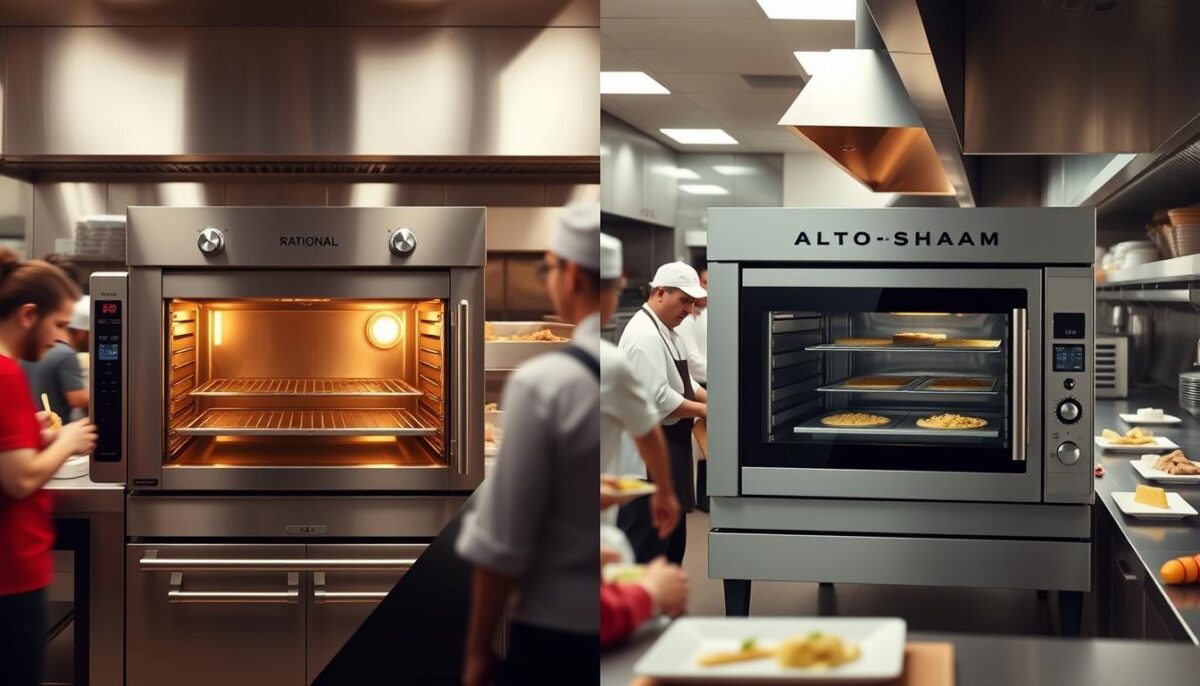 Generate an image of a split-screen comparison between Rational and Alto-Shaam combi ovens in a commercial kitchen setting.