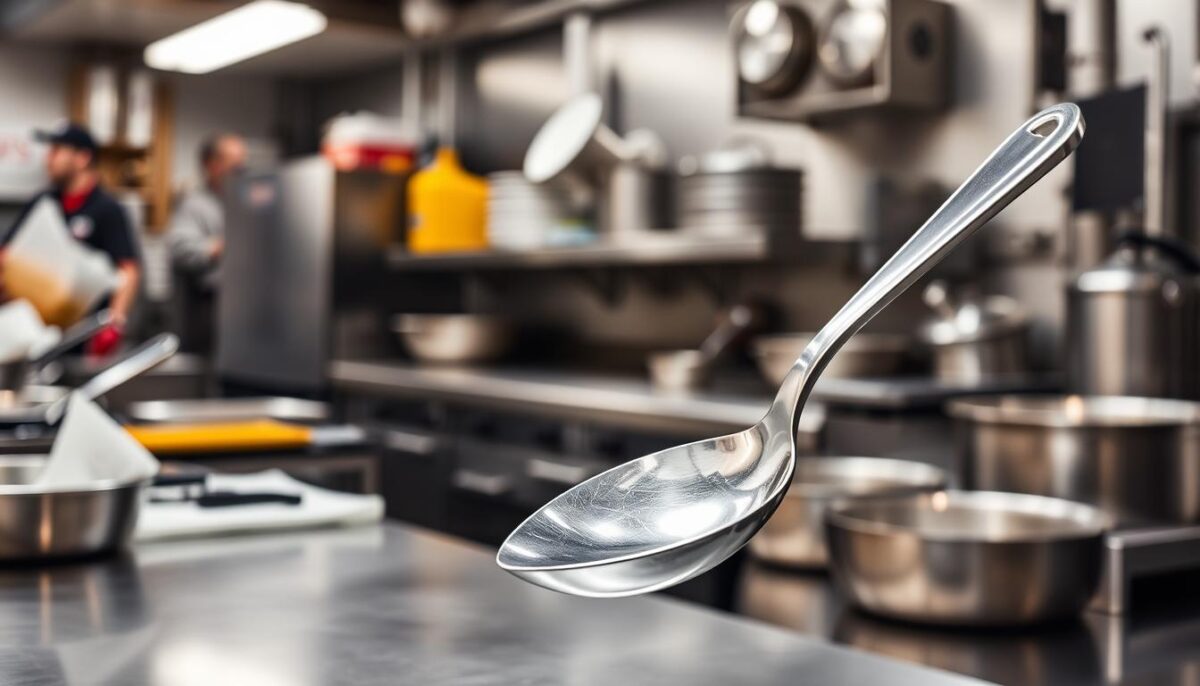 Generate an image of a stainless steel cooking spoon in a commercial kitchen setting.