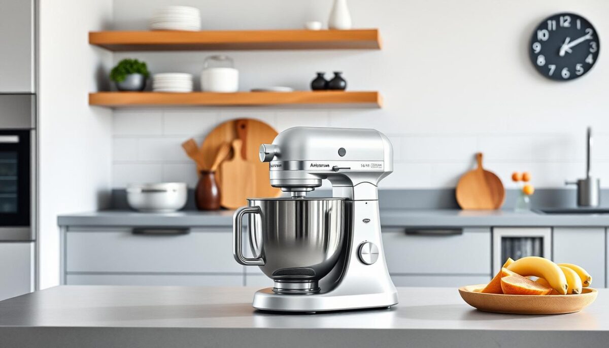 Generate an image of the Ankarsrum Assistent Mixer in a modern kitchen setting.
