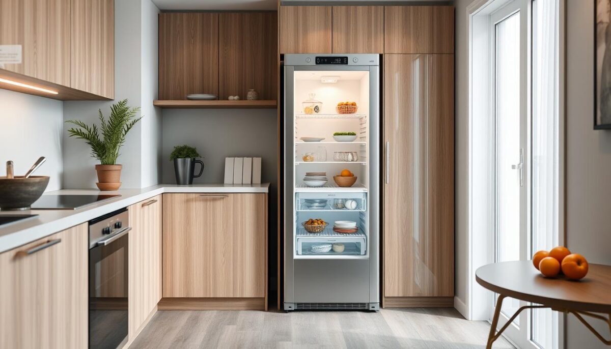 Generate an image of the Continental Refrigerator 1RSE-N in a compact kitchen setting.