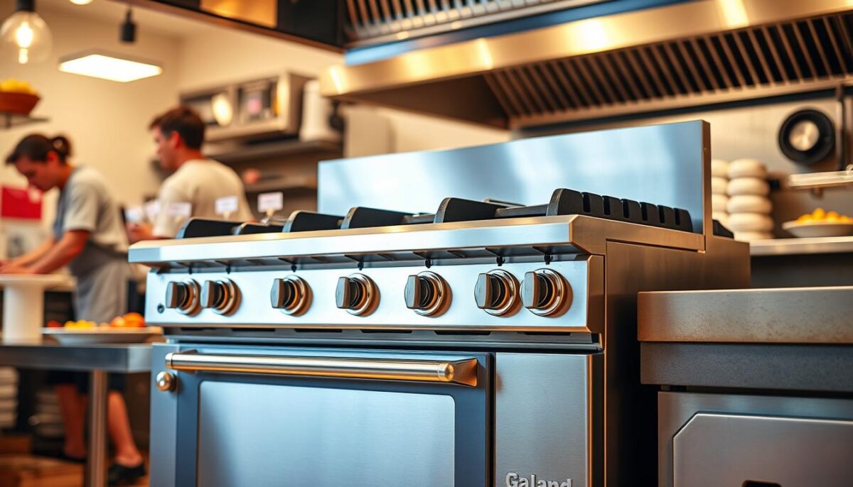 Generate an image of the Garland G Series 36-6C gas restaurant range in a commercial kitchen setting.