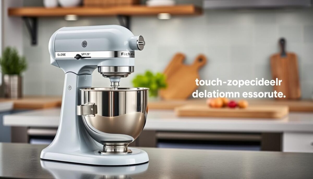 Generate an image of the Globe SP20 bench mixer with its cast-iron body and front-mounted touch controls.