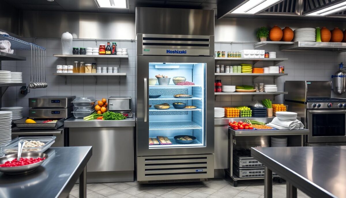 Generate an image of the Hoshizaki PT2A-FG-FG pass-through refrigerator in a commercial kitchen setting.