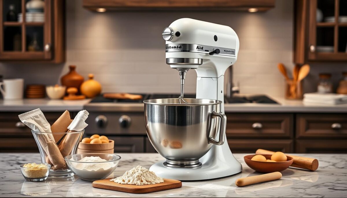 Generate an image of the KitchenAid Artisan Series 5-Quart Tilt-Head Stand Mixer on a kitchen countertop.
