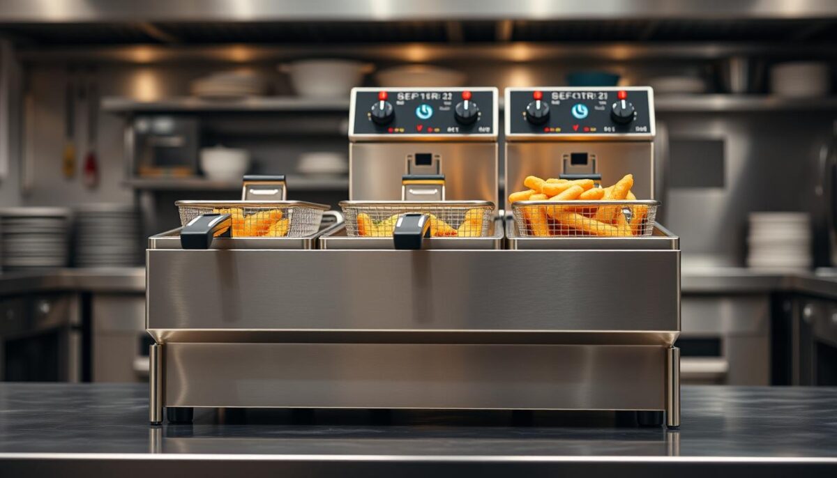 Generate an image of the Secura Triple-Basket Commercial Fryer