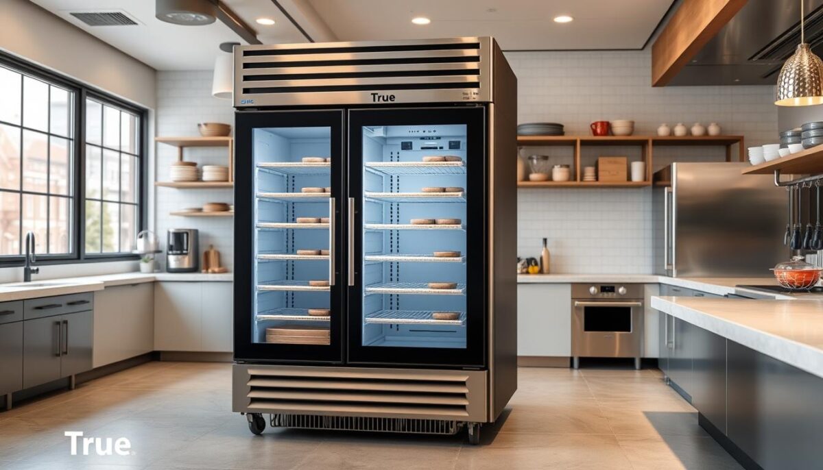 Generate an image of the True T-12-HC commercial refrigerator in a kitchen setting.