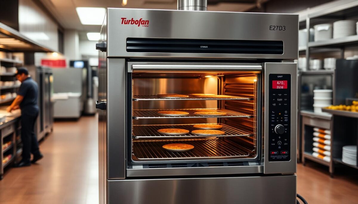 Generate an image of the Turbofan E27D3 Electric Convection Oven in a commercial kitchen setting.
