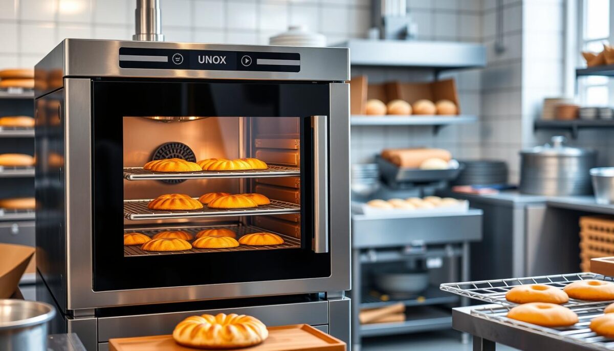 Generate an image of the UNOX Bakerlux Shop.Pro XEFT-10EU-ETRV convection oven in a professional bakery setting.
