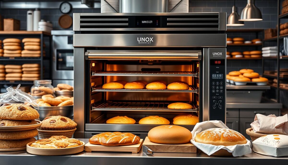 Generate an image of the UNOX Bakerlux Shop.Pro XEFT-30EU-ELDV convection oven in a commercial bakery setting.