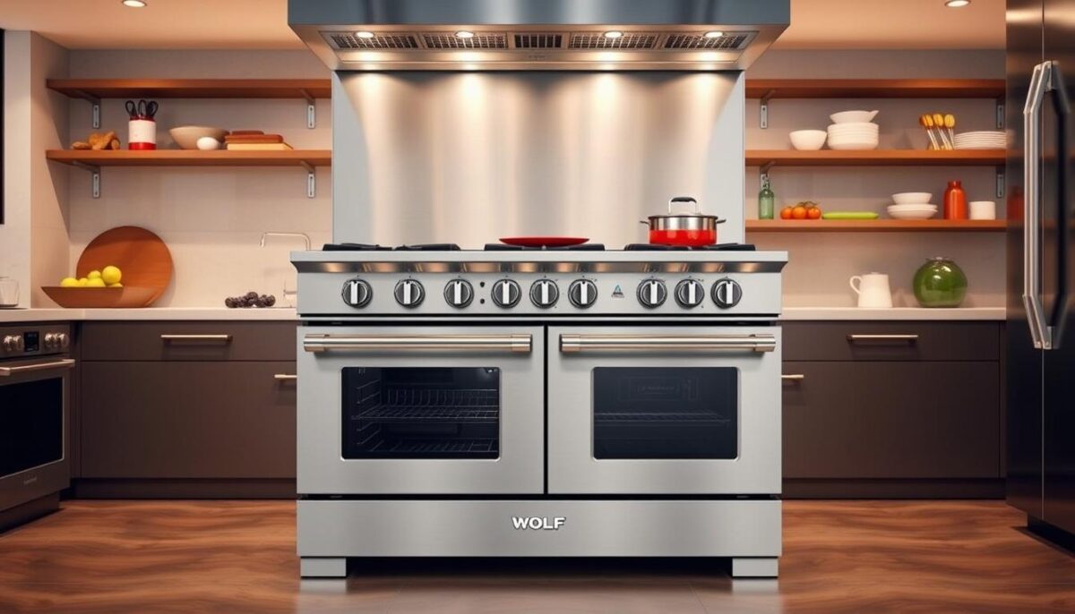 Generate an image of the Wolf C36S-6BN commercial range in a professional kitchen setting.