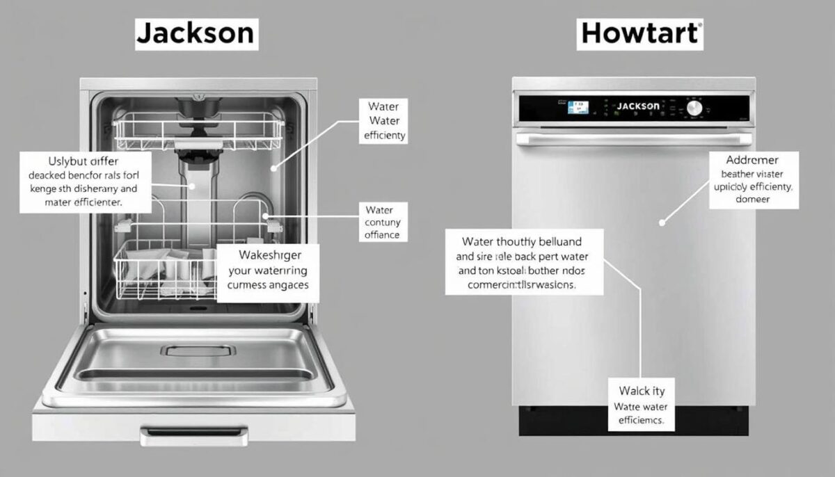 Image of Jackson and Hobart commercial dishwashers side by side, highlighting their water efficiency features.