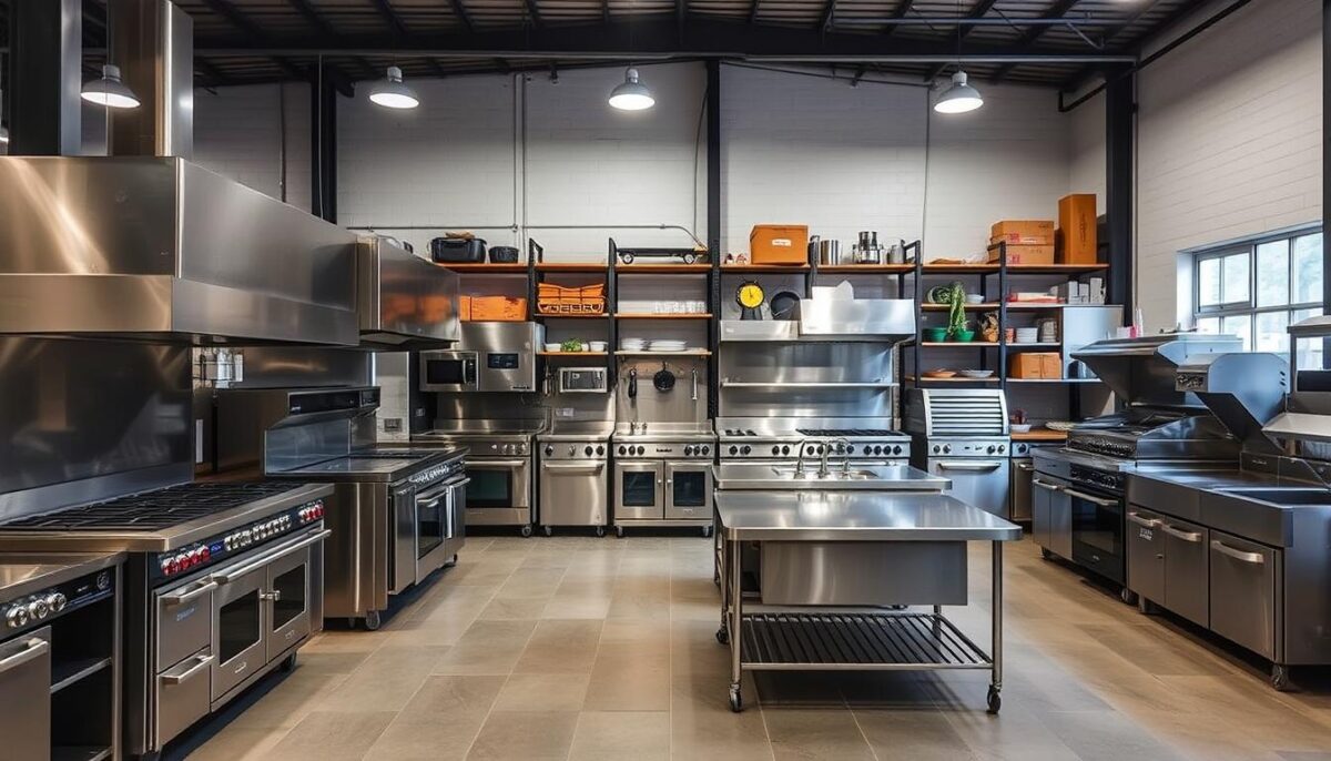 Image of Restaurant Equippers warehouse with various commercial kitchen equipment on display