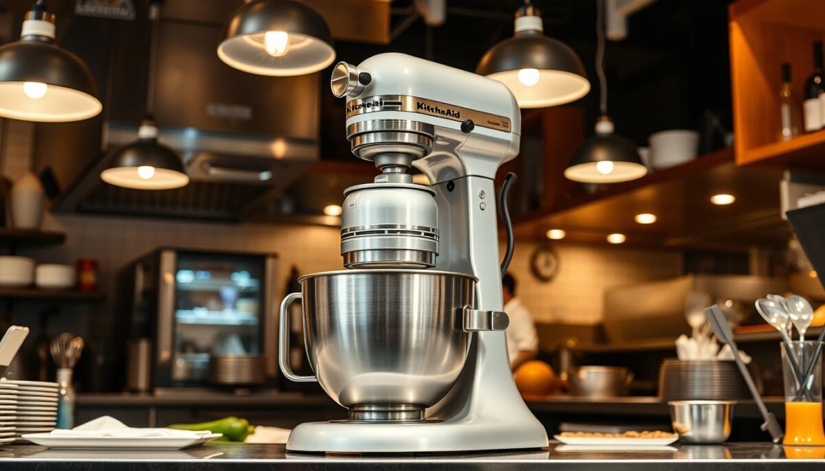 Image of a KitchenAid commercial stand mixer in a restaurant kitchen