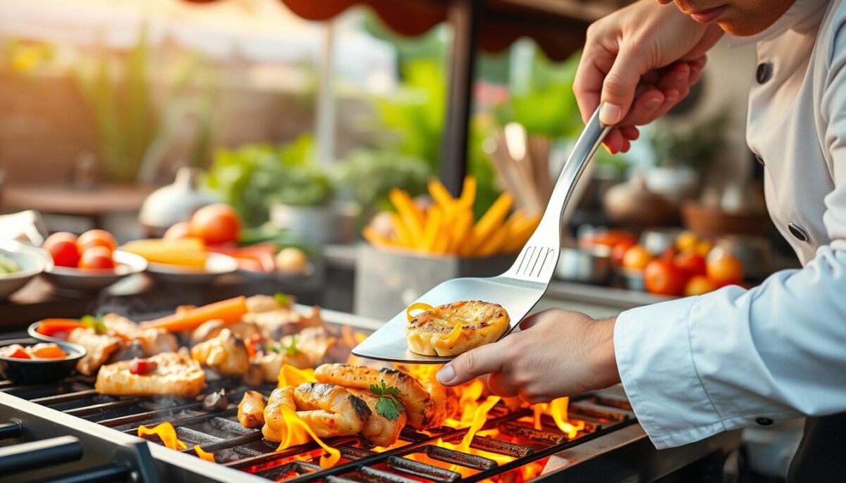 Image of a chef using a stainless steel turner to flip food on a grill.