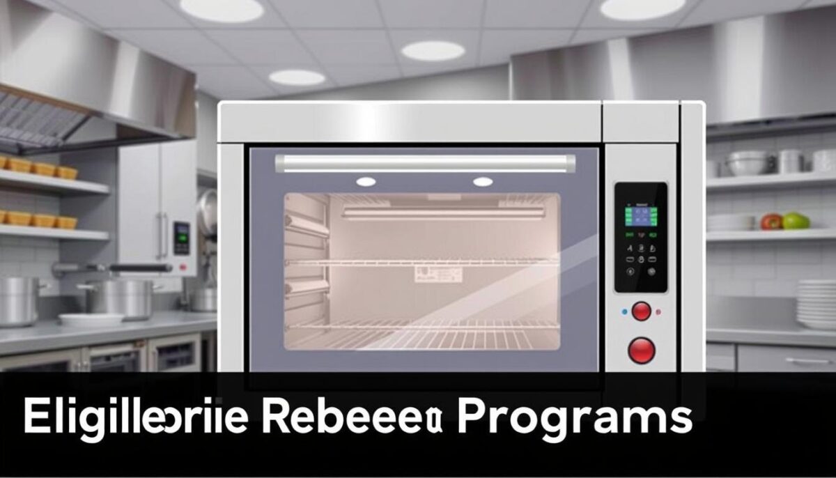Image of a combi oven in a commercial kitchen with a caption: "Eligible combi ovens for rebate programs"