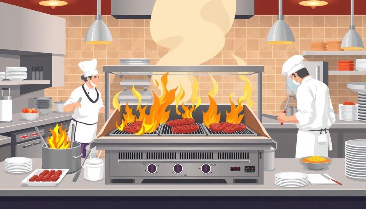 Image of a commercial charbroiler in a restaurant kitchen