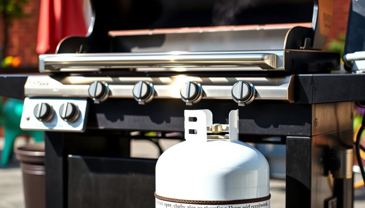 Image of a commercial gas grill with propane tank