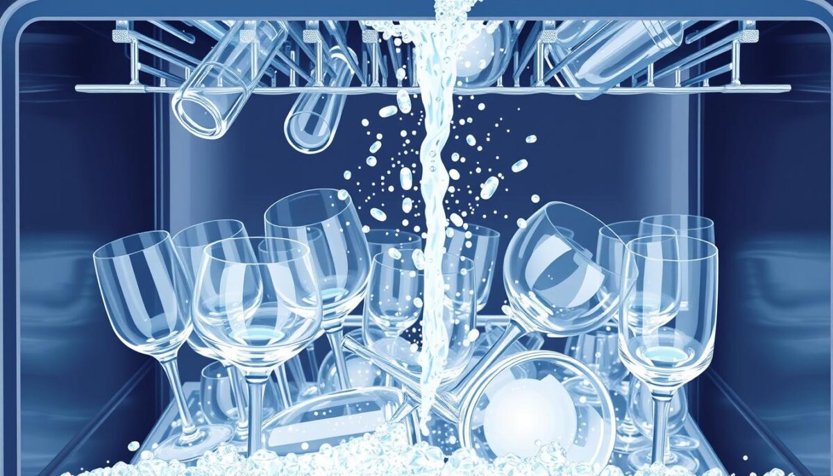 Image of a commercial glasswasher in operation, efficiently cleaning glassware.