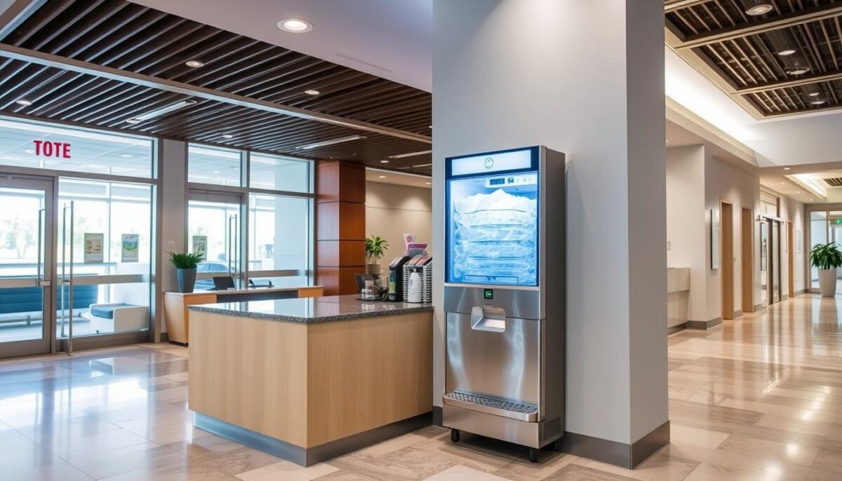 Image of a countertop ice dispenser in a hospital lobby