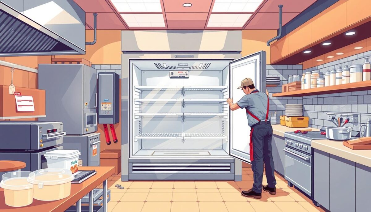 Image of a professional installing a walk-in cooler in a restaurant kitchen.
